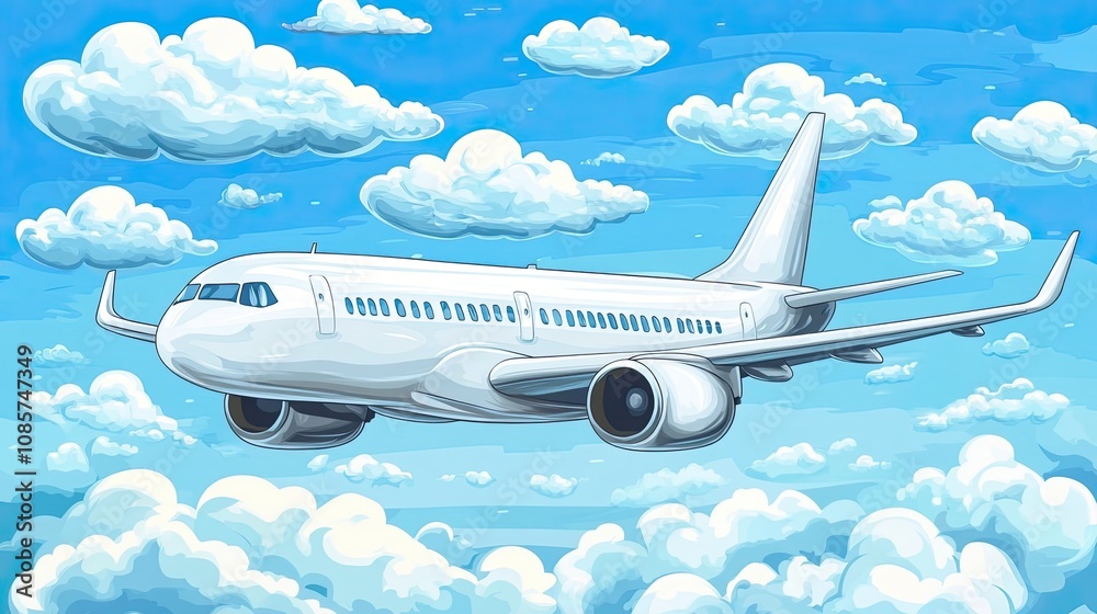 A White Airplane Flying Through Fluffy Clouds in a Blue Sky A White Airplane Flying Through Fluffy Clouds in a Blue Sky