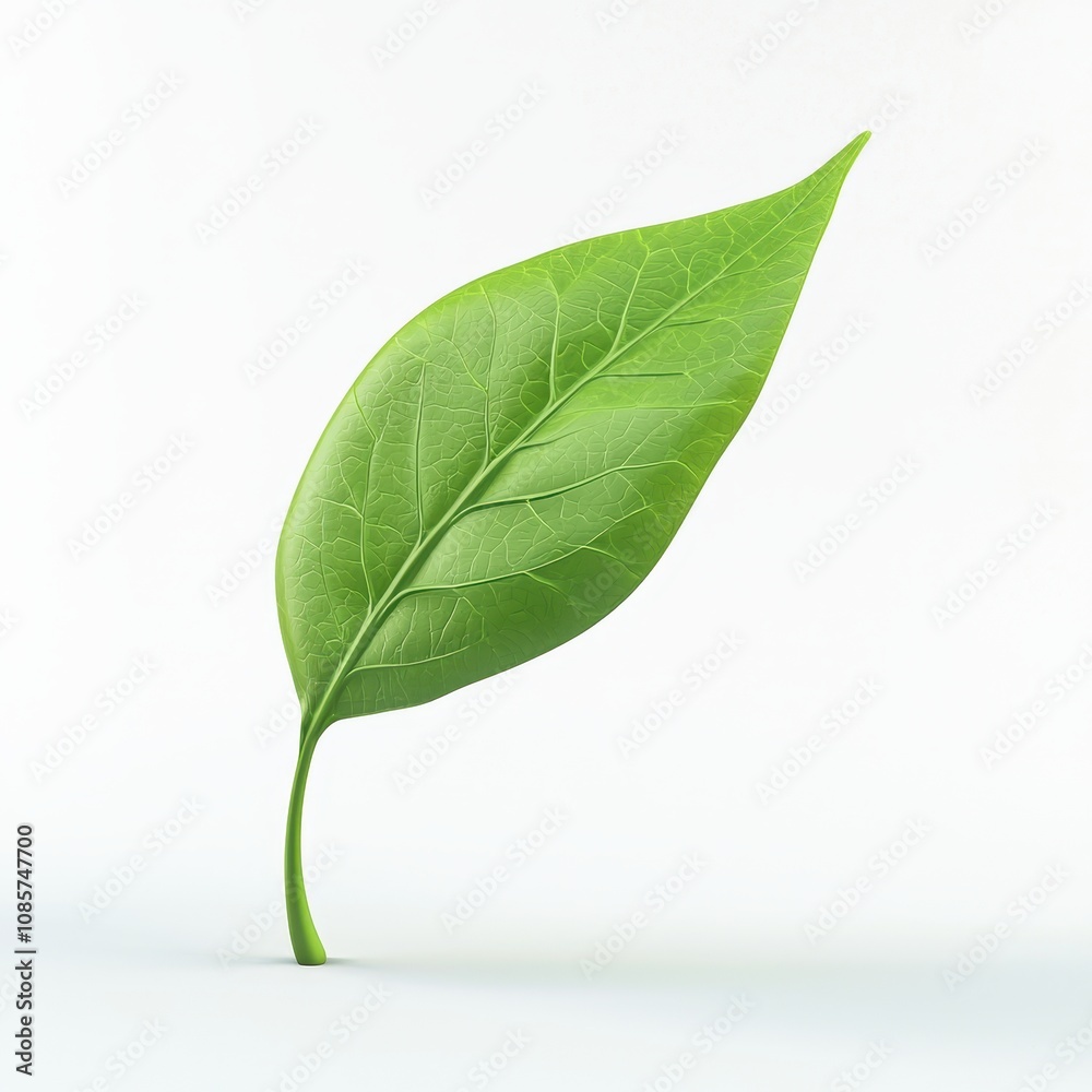 Obraz premium Fresh Green Leaf Isolated on Clean Background with Fine Texture and Veins, Symbolizing Nature, Growth, and Vitality in Eco-Friendly Concept Visuals