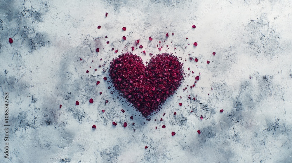 Stylized Valentine's Day background with single large red heart centered on white, surrounded by tiny rose petals Stylized Valentine's Day background with single large red heart centered on white, surrounded by tiny rose petals