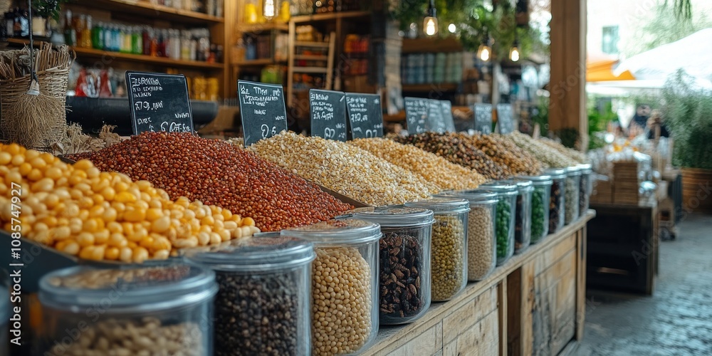 Fototapeta premium Vibrant display of various grains and seeds in a farmer's market.