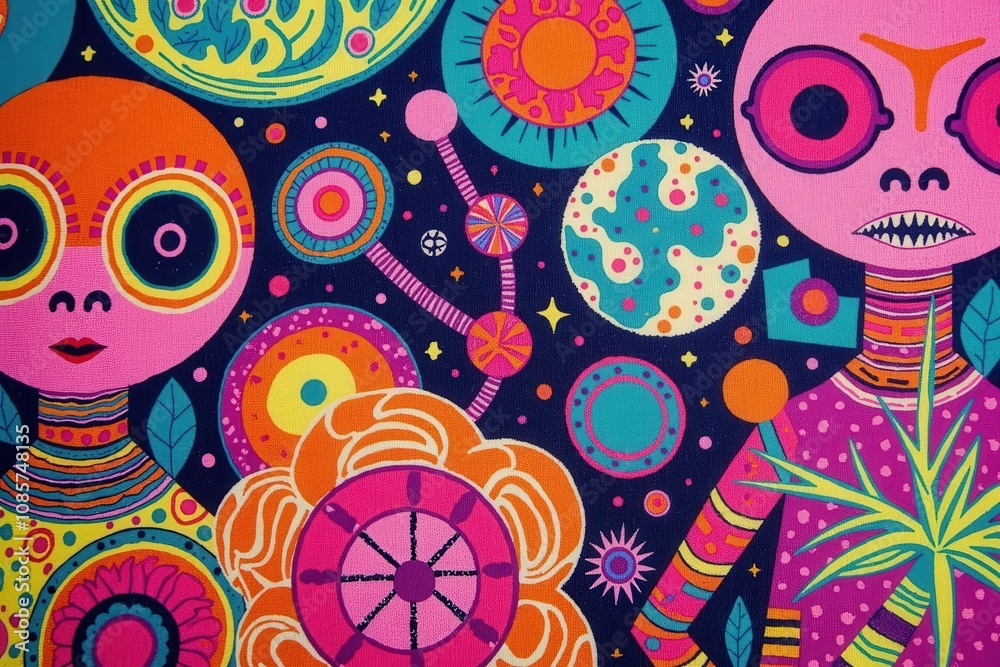 Psychedelic alien art: vibrant cosmic creatures and geometric designs in bold colors. Psychedelic alien art: vibrant cosmic creatures and geometric designs in bold colors.
