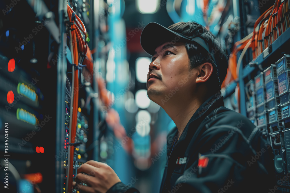 Fototapeta premium System engineer standing in server room in data center He looked at the network.