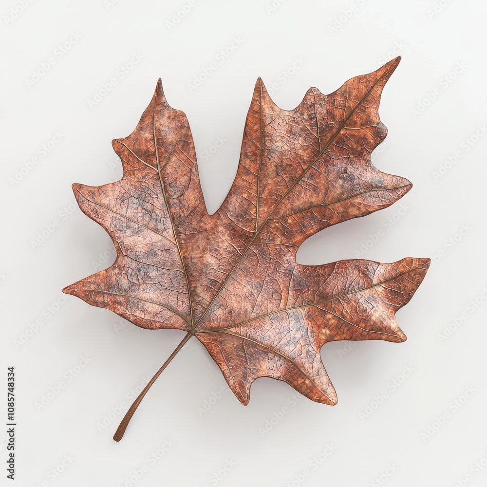 Naklejka premium Detailed close-up of a beautifully textured dry maple leaf showcasing intricate vein patterns and rich autumn colors against a neutral background for seasonal themes