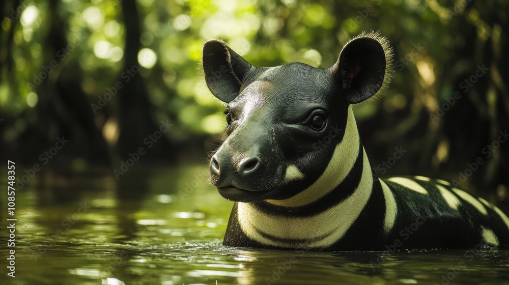 Fototapeta premium Majestic Tapir Swimming Gracefully in Lush Tropical Forest, Surrounded by Greenery and Reflections at Water’s Surface in Natural Habitat