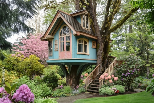 Exploring a whimsical treehouse retreat lush garden photography serene environment nature's playground photo