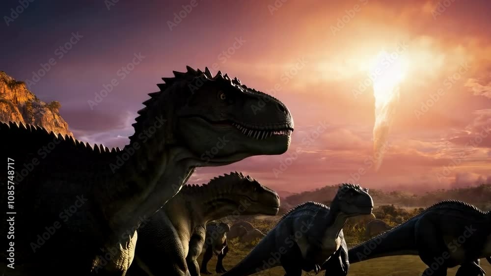 Meteorite of the extinction of the dinosaurs, dinosaurs in the front, meteor falling in the background