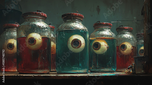 Eerie collection of jars containing unsettling eyeballs in a dimly lit, abandoned laboratory setting photo