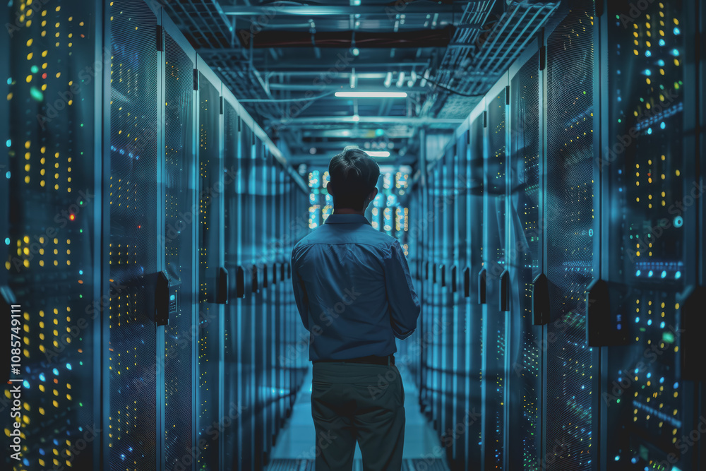 Fototapeta premium System engineer standing in server room in data center He looked at the network.