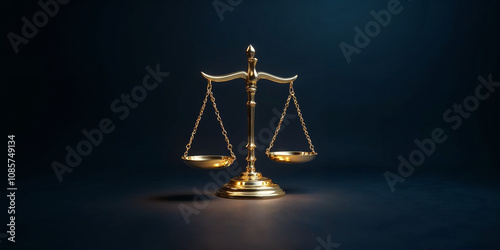 3D representation of a color gold scales of justice, clean background, illuminated by gentle lighting that enhances its elegance, reflecting themes of justice, balance and Law. photo