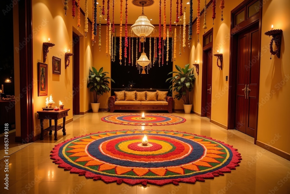 Obraz premium Vibrant diwali rangoli patterns illuminating a traditional living room decor with hanging lanterns.