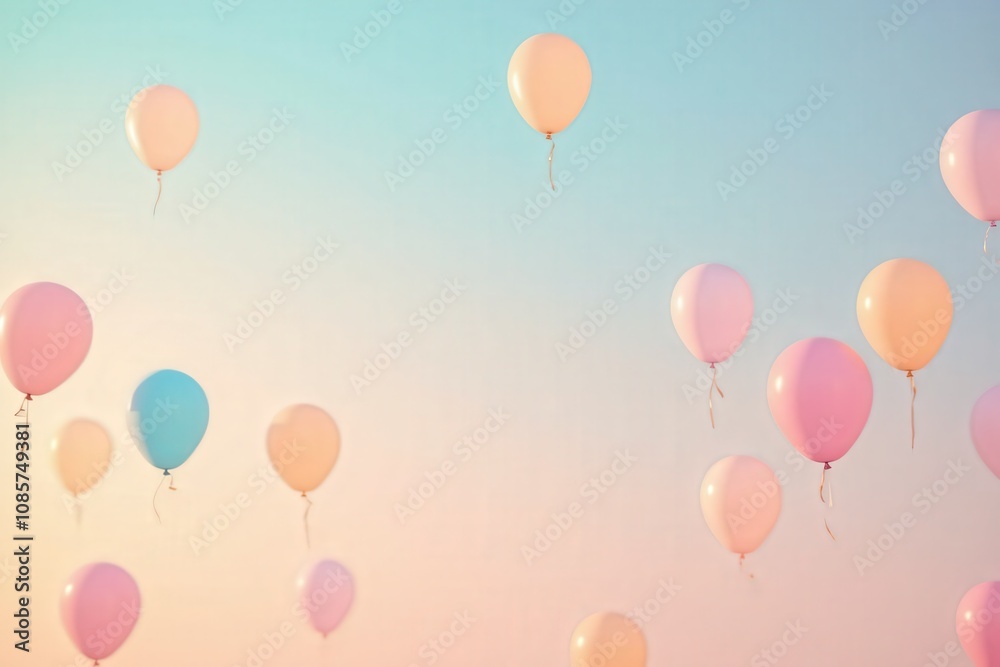Colorful balloons floating in a pastel sky at sunset.