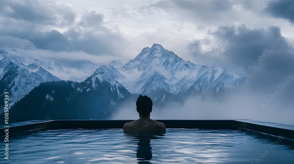 Serene Winter Landscape with a Person Relaxing in an Infinity Pool Overlooking Snow-Capped Mountains and Dramatic Cloudy Sky Serene Winter Landscape with a Person Relaxing in an Infinity Pool Overlooking Snow-Capped Mountains and Dramatic Cloudy Sky