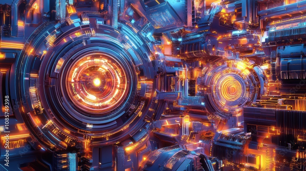 Abstract Futuristic Background Featuring Glowing Circles and Vibrant Lines in a High-Tech Cybernetic Environment with Electric Blue and Fiery Orange Accents Abstract Futuristic Background Featuring Glowing Circles and Vibrant Lines in a High-Tech Cybernetic Environment with Electric Blue and Fiery Orange Accents