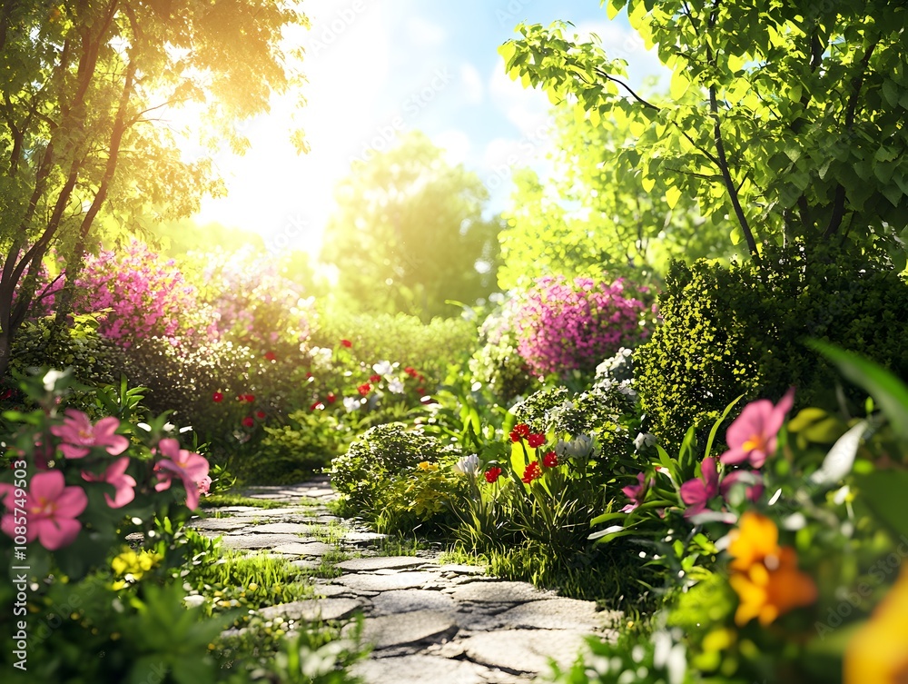 A sunny organic flower garden, focusing on detailed petals and lush greenery A sunny organic flower garden, focusing on detailed petals and lush greenery