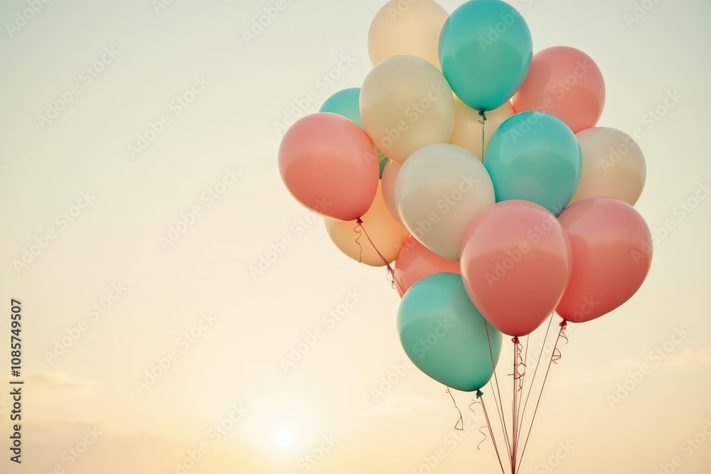 Colorful pastel balloons floating against a serene sky at sunset, capturing joy and celebration. Colorful pastel balloons floating against a serene sky at sunset, capturing joy and celebration.