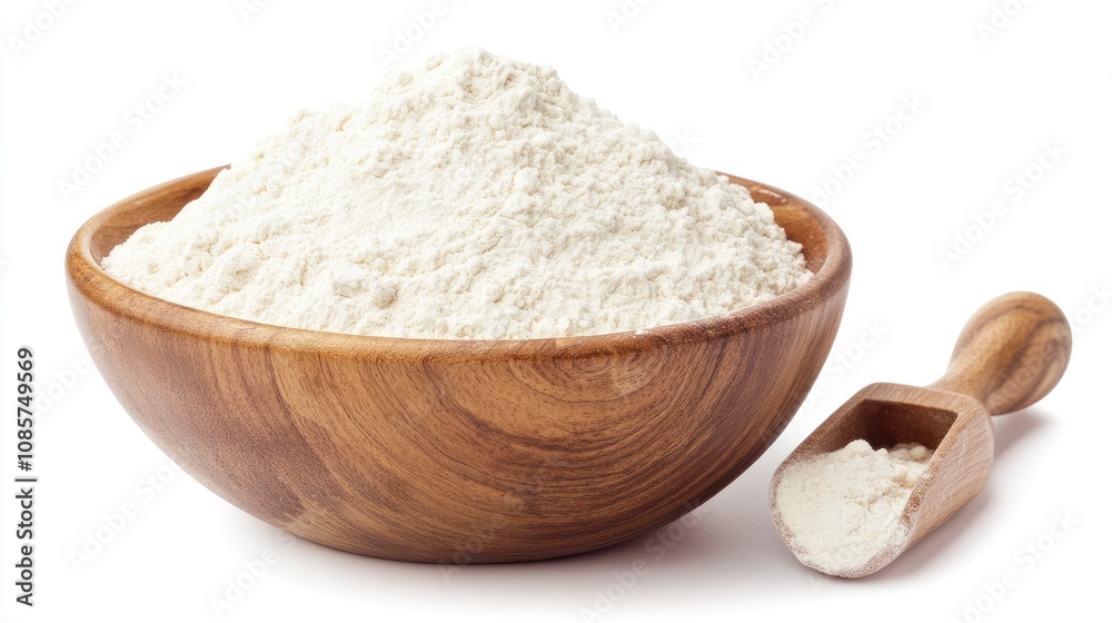 Wooden bowl with a pile of white flour, with a scoop resting inside, arranged on a clean white background. Wooden bowl with a pile of white flour, with a scoop resting inside, arranged on a clean white background.