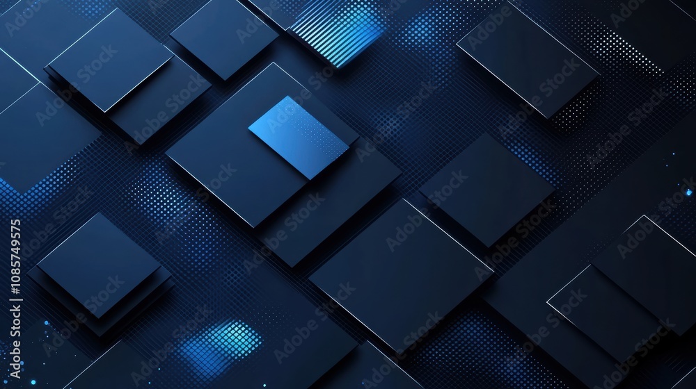 Abstract dark blue background with geometric shapes and patterns featuring squares and rectangles of varying sizes illuminated with soft light effects Abstract dark blue background with geometric shapes and patterns featuring squares and rectangles of varying sizes illuminated with soft light effects