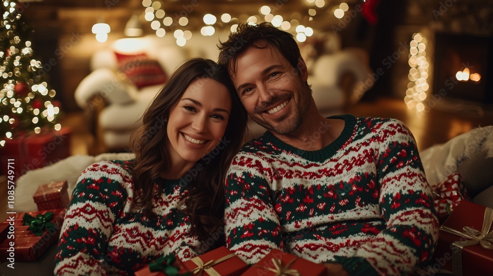 Magical Christmas Moment Family Christmas Portrait Decorated Living Room Magical Christmas Moment Family Christmas Portrait Decorated Living Room