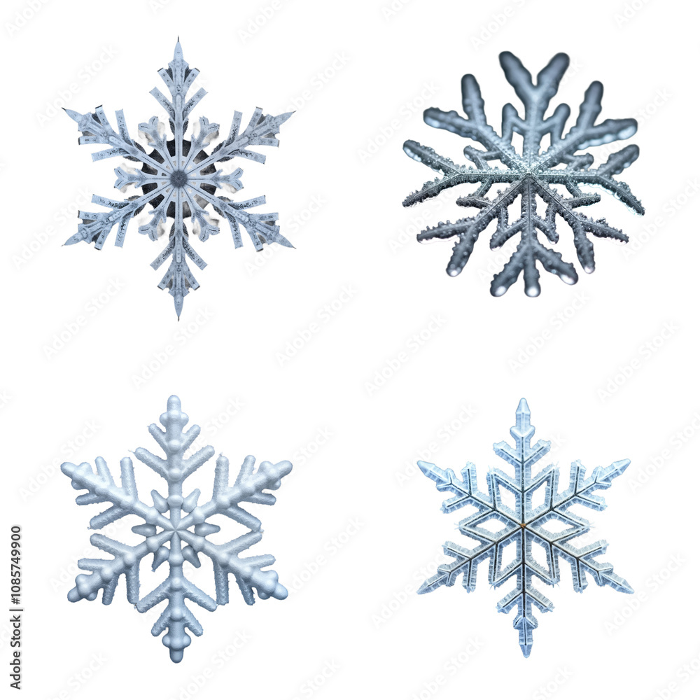 Close-up view of four frozen snowflakes against alpha layer. Detailed macro photo of ice crystals. Unique snowflake patterns. Nature detail. Winter wonderland theme. Beautiful ice. Cold weather. Png. Close-up view of four frozen snowflakes against alpha layer. Detailed macro photo of ice crystals. Unique snowflake patterns. Nature detail. Winter wonderland theme. Beautiful ice. Cold weather. Png.