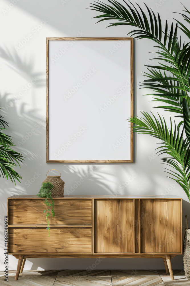 Blank Poster Frame Mockup in White Walled Living Room: Wooden Sideboard with Green Plant Blank Poster Frame Mockup in White Walled Living Room: Wooden Sideboard with Green Plant