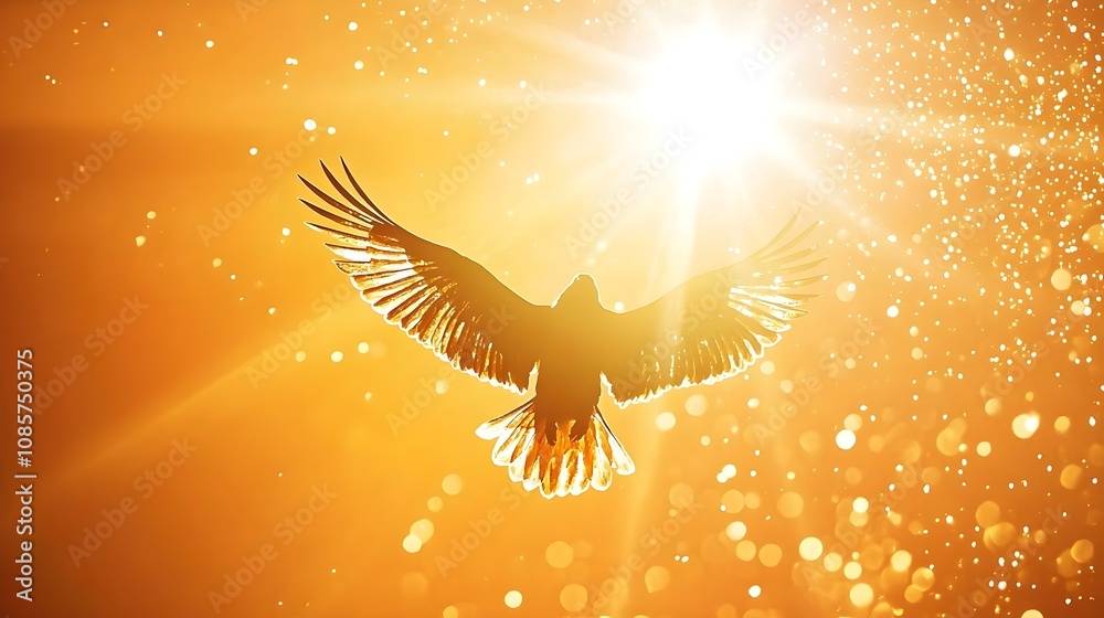 Fototapeta premium Majestic Bird in Flight Against a Glorious Sunset with Radiant Light and Sparkling Bokeh Effect Creating an Atmosphere of Freedom and Serenity