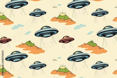 Vintage ufo seamless pattern with flying saucers and colorful landscapes. photo