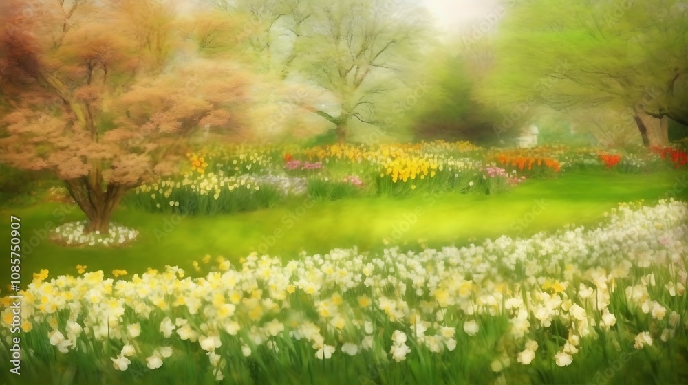 Obraz premium Spring Garden Blooming Daffodils And Tulips
