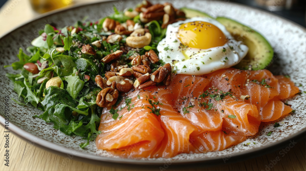 Fresh salmon salad with nuts and greens Fresh salmon salad with nuts and greens