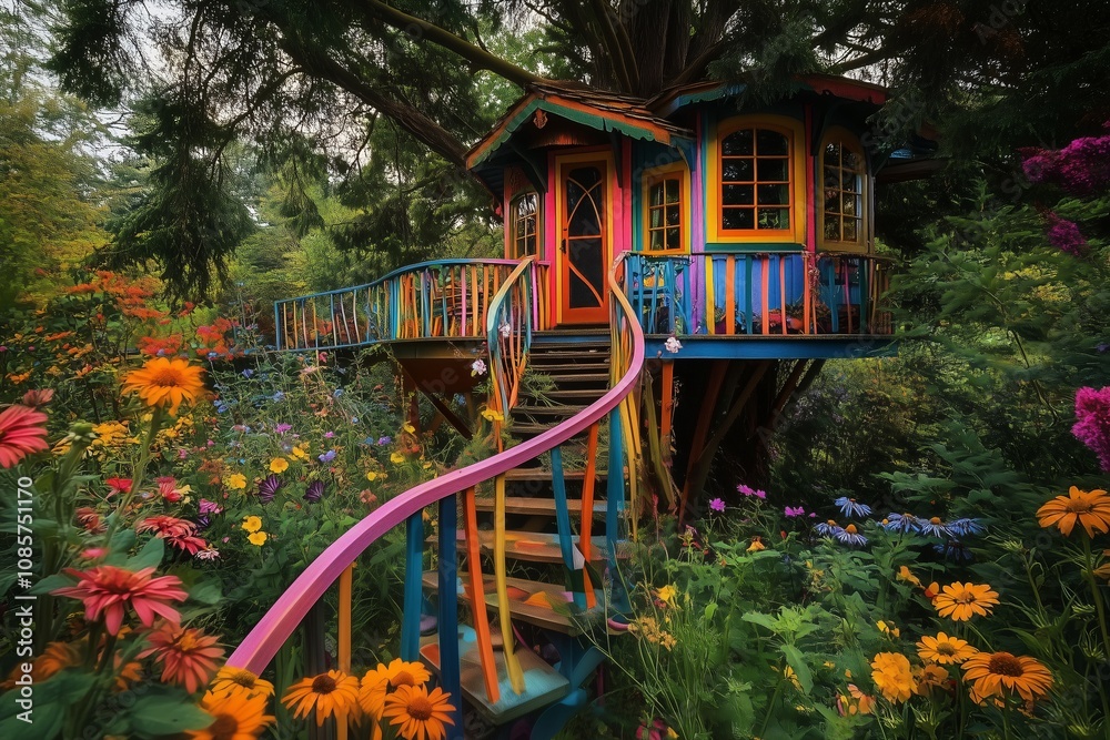 Colorful treehouse adventure enchanted garden vibrant living space nature retreat whimsical design concept Colorful treehouse adventure enchanted garden vibrant living space nature retreat whimsical design concept