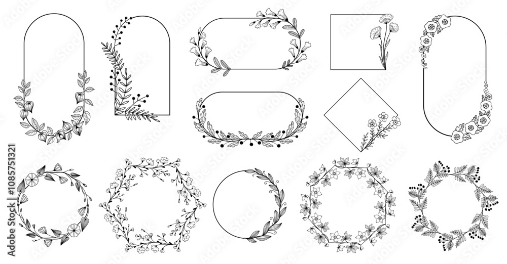 Elegant floral frames. Minimalist botanical borders with flower branches, modern decorative silhouettes for wedding invitation card logo. Vector collection