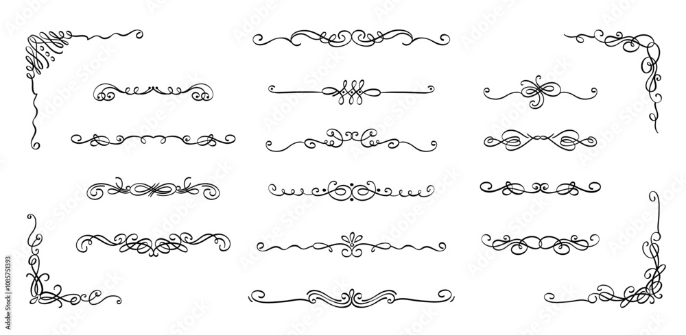 Ornamental calligraphy elements. Vintage decorative frames, elegant flourish swirls and filigree borders, classic wedding invitation design. Vector set