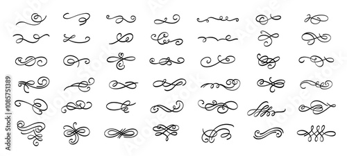 Vintage swirl ornament. Elegant decorative flourish elements, classic calligraphic baroque accents and swirly cursive shapes. Vector isolated set