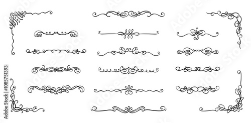 Ornamental calligraphy elements. Vintage decorative frames, elegant flourish swirls and filigree borders, classic wedding invitation design. Vector set