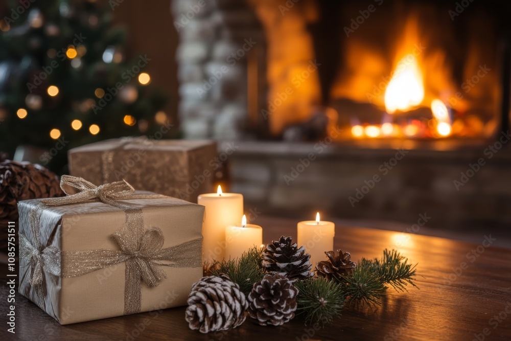 Beautifully Christmas Home Interior With Decorated Christmas Tree, Xmas Presents. Winter Celebration. Delightful gifts, flickering candles and cozy warm fireplace. Festive scene with a wrapped gifts. Beautifully Christmas Home Interior With Decorated Christmas Tree, Xmas Presents. Winter Celebration. Delightful gifts, flickering candles and cozy warm fireplace. Festive scene with a wrapped gifts.