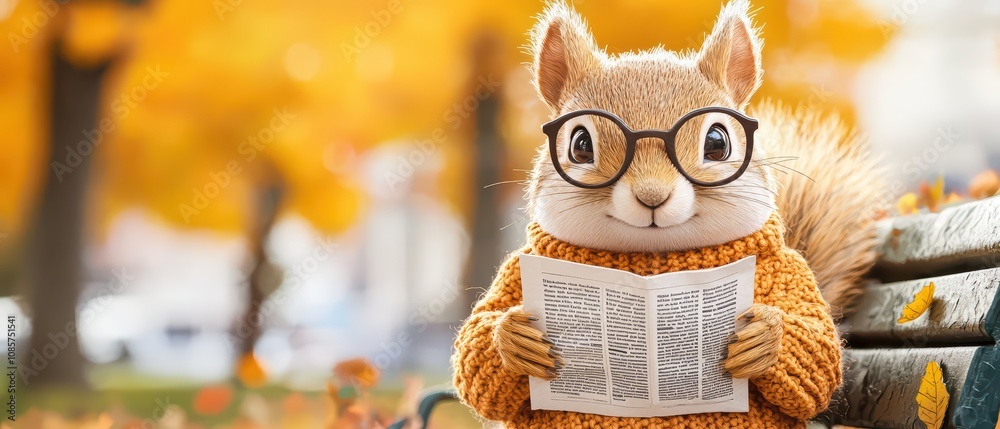 A charming squirrel wearing glasses enjoys reading a newspaper. A charming squirrel wearing glasses enjoys reading a newspaper.