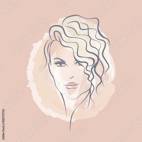 Beautiful woman with elegant makeup and curly hairstyle. Fashion, beauty hair salon illustration. Young lady portrait. Cute female smiling face logo