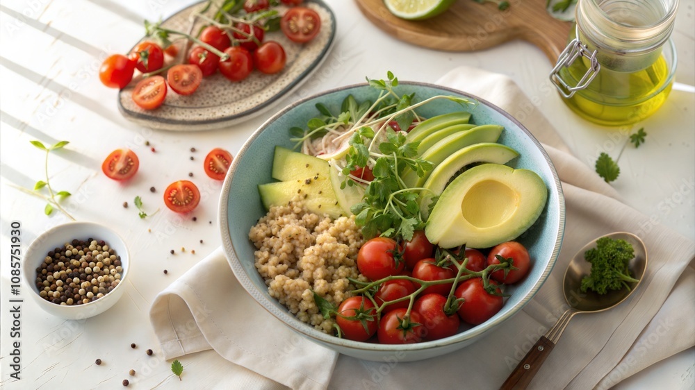 Healthy salad plate with cherry tomatoes, avocado and cereals for body cleansing, detox diet Healthy salad plate with cherry tomatoes, avocado and cereals for body cleansing, detox diet