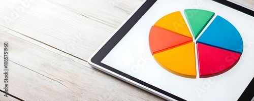 A colorful pie chart displayed on a tablet, representing data visualization and analysis in a modern workspace.