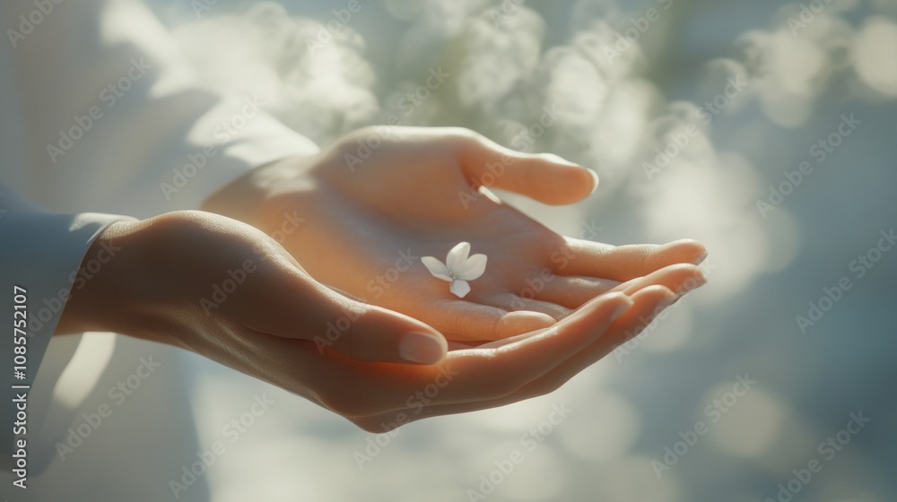Delicate Flower Held Gently in Hands Delicate Flower Held Gently in Hands