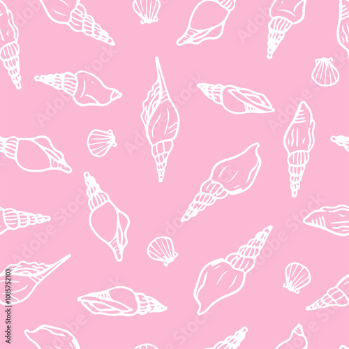 Spiral seashells hand drawn seamless pattern. White Shells on pink background.