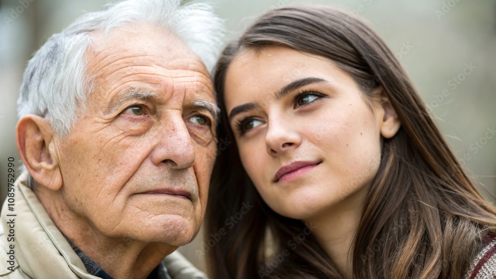 A thoughtful portrait of an elderly man and a young woman gazing into the distance together, symbolizing reflection, wisdom, and intergenerational connection. The outdoor setting adds serenity and dep A thoughtful portrait of an elderly man and a young woman gazing into the distance together, symbolizing reflection, wisdom, and intergenerational connection. The outdoor setting adds serenity and dep