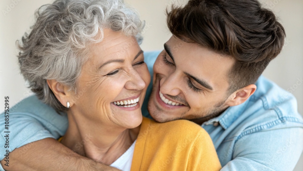 A joyful portrait of a young man embracing an elderly woman, symbolizing love, happiness, and strong family bonds. The bright outdoor setting highlights positive emotions and intergenerational connect