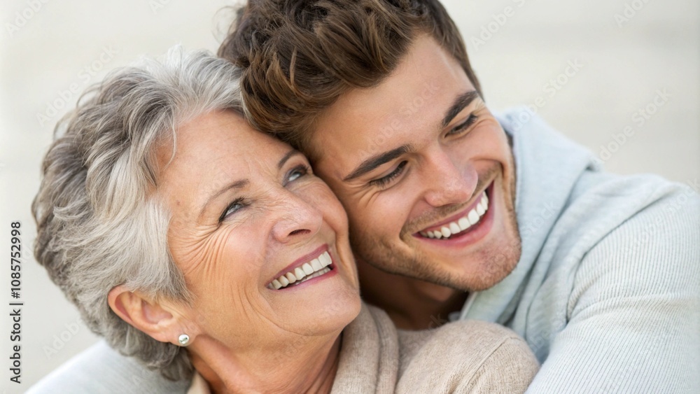 A joyful portrait of a young man embracing an elderly woman, symbolizing love, happiness, and strong family bonds. The bright outdoor setting highlights positive emotions and intergenerational connect A joyful portrait of a young man embracing an elderly woman, symbolizing love, happiness, and strong family bonds. The bright outdoor setting highlights positive emotions and intergenerational connect
