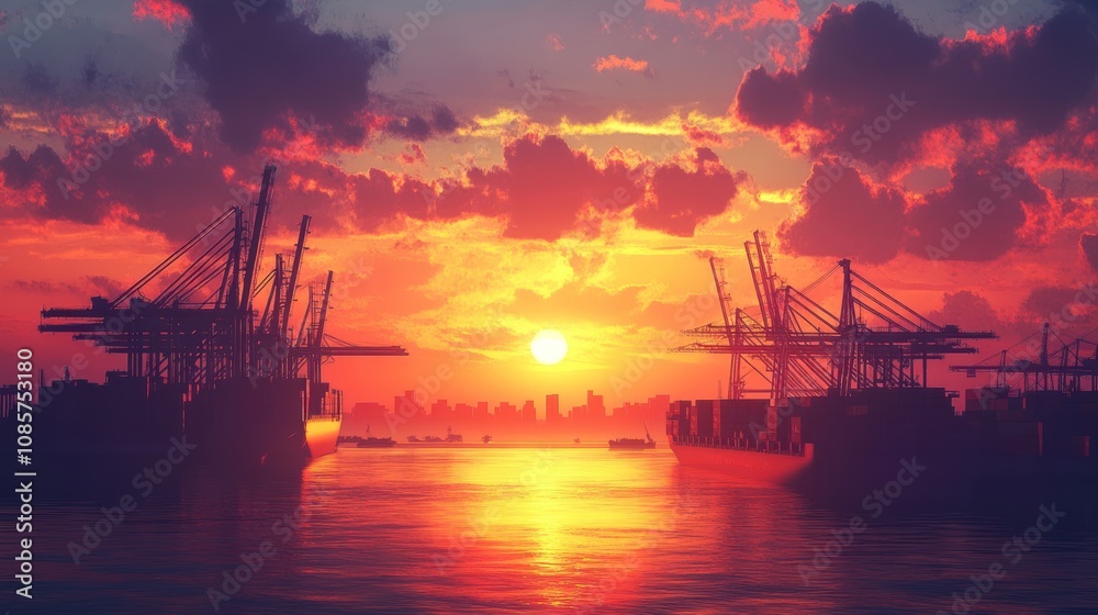 Fiery Sunset over a Busy Container Port Fiery Sunset over a Busy Container Port