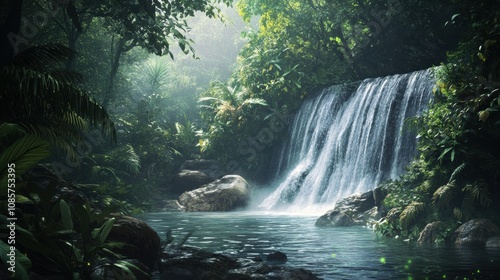 Tranquil Jungle Waterfall Surrounded by Lush Greenery and Tropical Plants, Capturing the Serenity and Beauty of a Hidden Paradise in Nature