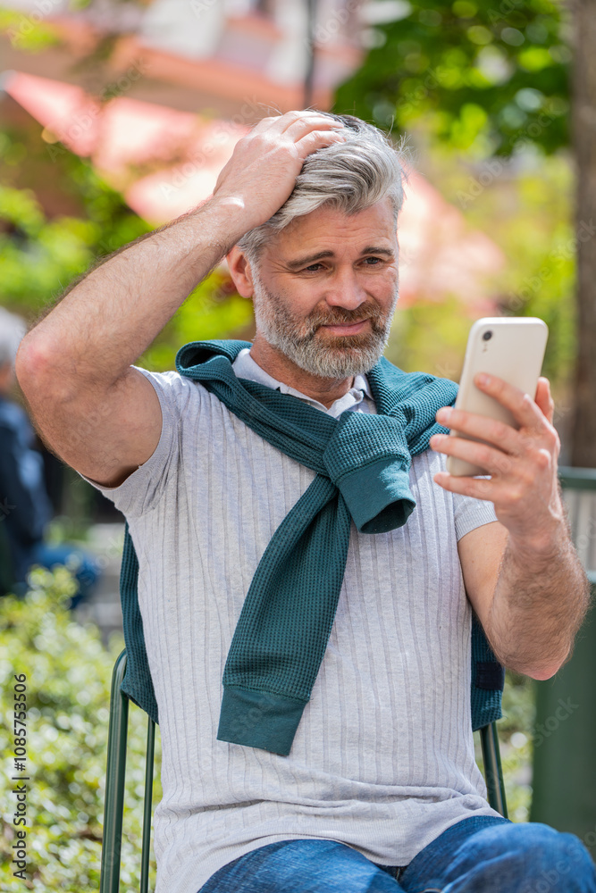 Fototapeta premium Bearded mature man using smartphone typing browsing, loses becoming surprised sudden lottery results, bad news, fortune loss, fail. Tourist guy standing in urban city street outdoors. Town lifestyles.