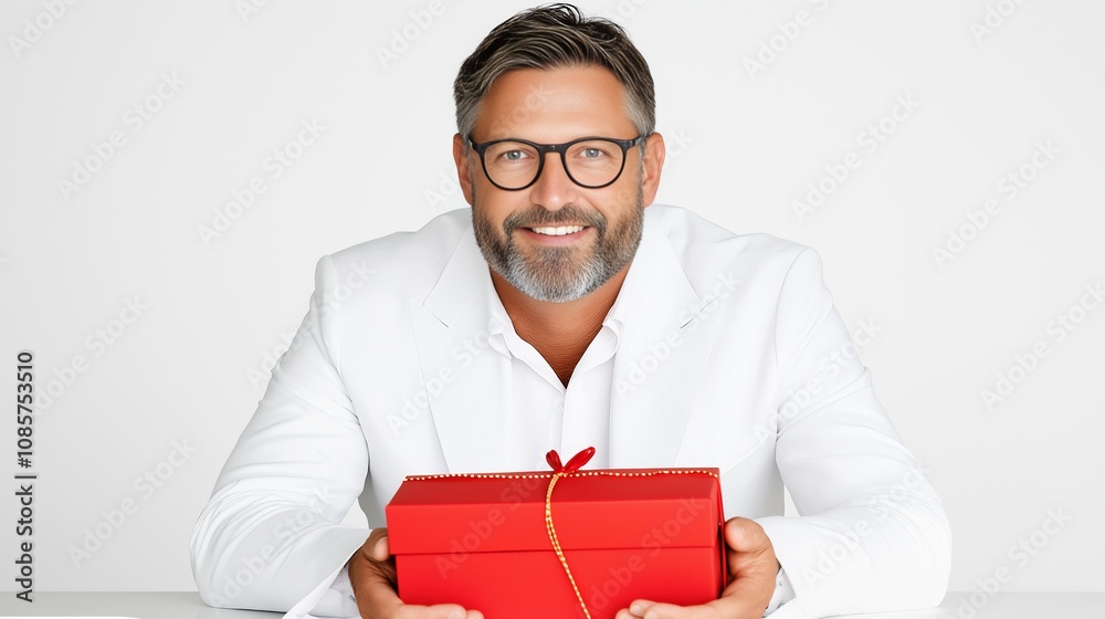 Smiling man in white suit holding red gift box against white background Smiling man in white suit holding red gift box against white background