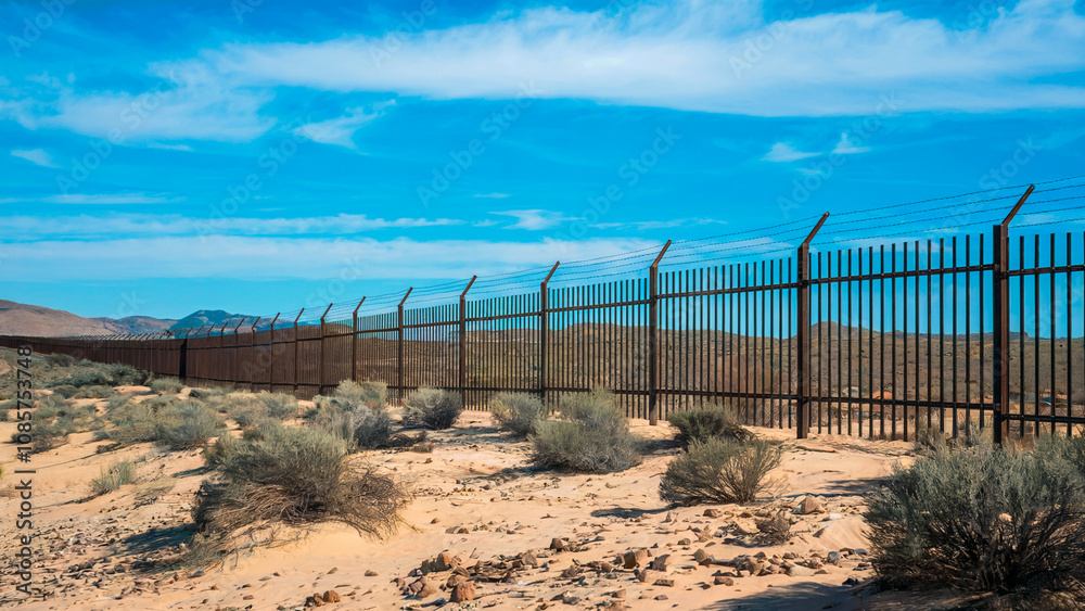 A photo of the US-Mexico border with a metal border fence stretching across a desert landscape. United States and Mexico. A photo of the US-Mexico border with a metal border fence stretching across a desert landscape. United States and Mexico.