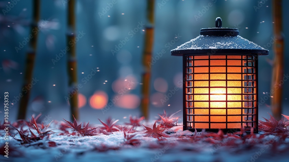 Tranquil lantern glowing in a serene winter landscape with fallen leaves Tranquil lantern glowing in a serene winter landscape with fallen leaves