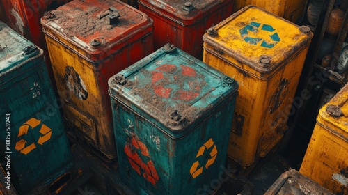 Vintage Recycling Bins with Colorful Designs Surrounded by Dirt in an Urban Setting Illustrating Sustainable Waste Management and Environmental Care photo